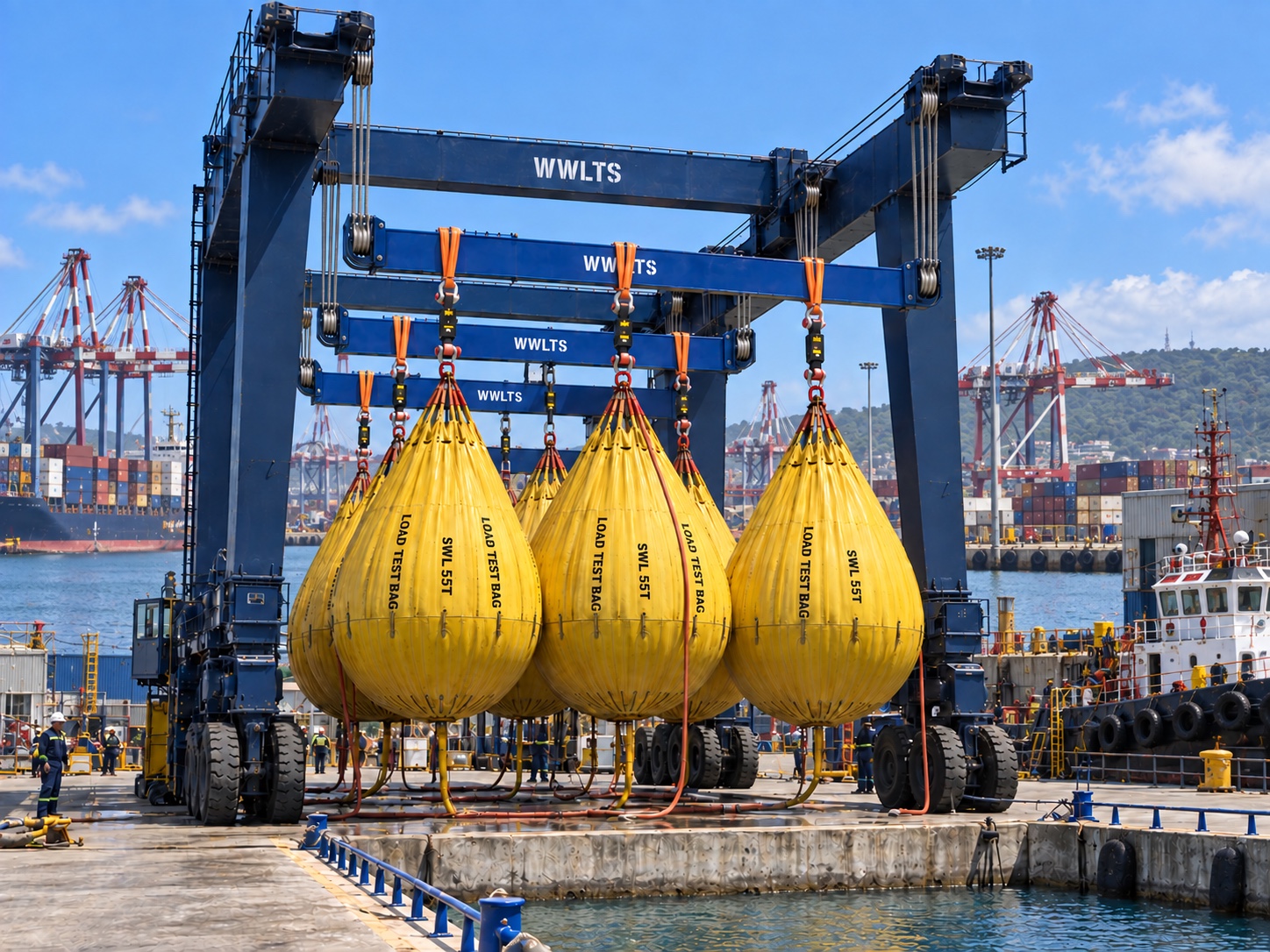 Illustration of a marine travel lift with WWLTS test beams, reeved wire ropes and 55T-capacity water bags