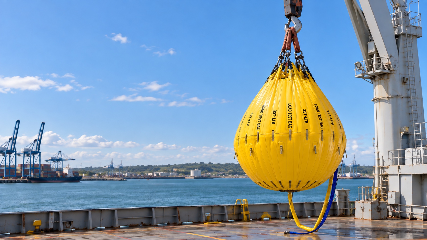 Illustrative ship crane water-bag load test at a southern African repair yard