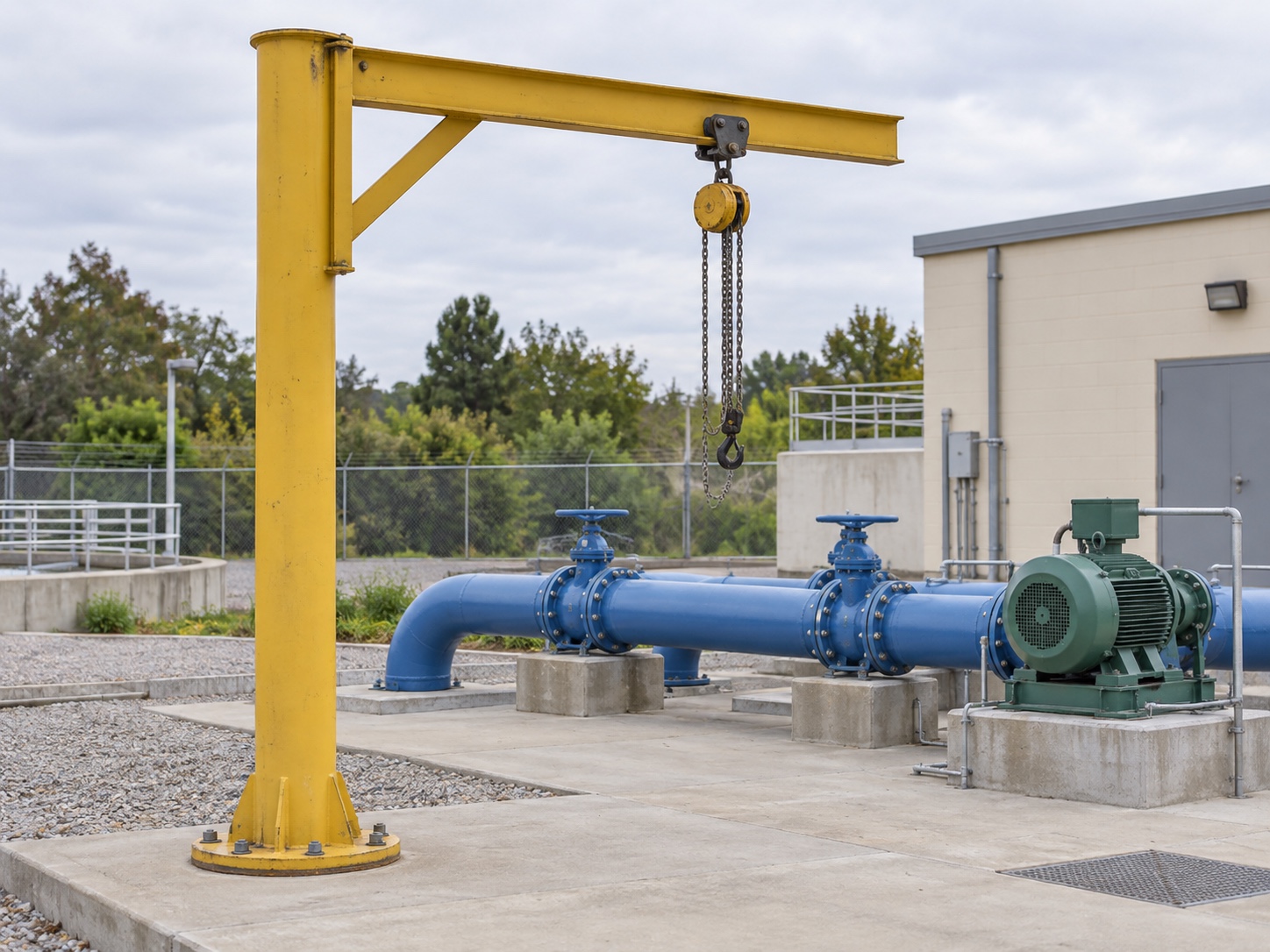 Illustrative maintenance jib and chain hoist at a water-treatment pumping facility
