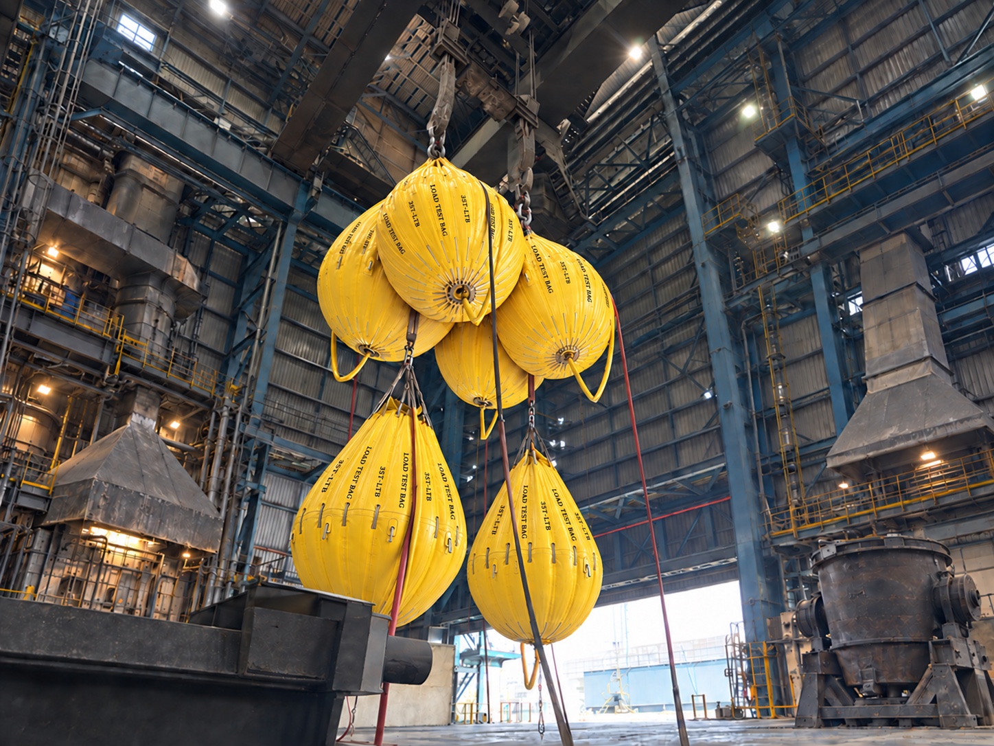 Illustrative smelter crane load test based on the supplied photograph, with two upper and one lower water bag at each ladle-hook test point, extraction ducts, furnace equipment and a separate floor-supported ladle