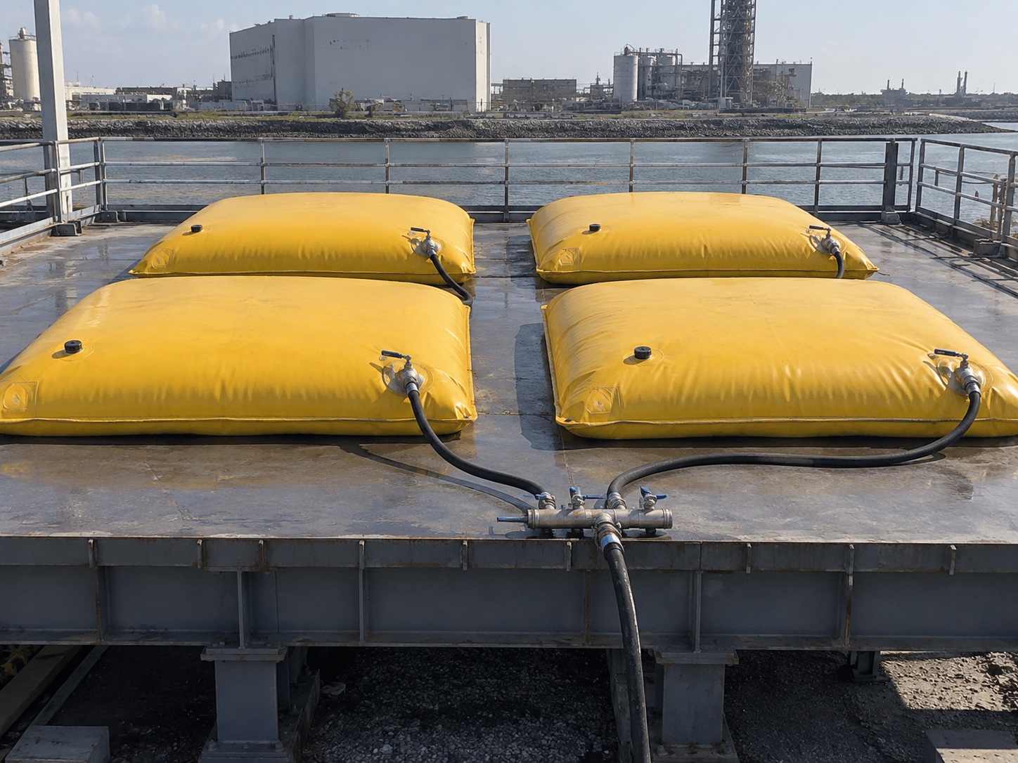 Illustrative surface load test with flat yellow pillow bags resting on a steel deck
