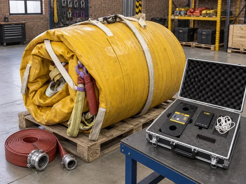 Illustration of a rolled water bag, load cell case and hose prepared for testing